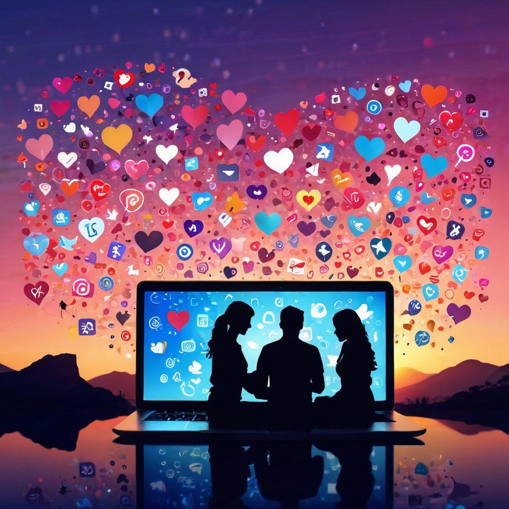 A romantic scene depicting two silhouettes of people crafting their online profiles, surrounded by vibrant icons of social media and digital devices, with hearts and love symbols floating around them. The background features a dreamy, abstract landscape symbolizing the digital world. The overall mood is warm and inviting. super-realistic. vibrant colors. soft bokeh effect.