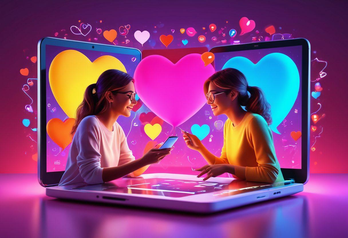 A digital canvas showcasing a couple connecting through multiple devices, with vibrant hearts floating between them, symbolizing a virtual love story. The background features a blend of social media icons and colorful chat bubbles, representing a lively online interaction. Incorporate a glow effect to convey warmth and connection, illustrating strategies for elevating presence. Bright and engaging colors. 3D style.
