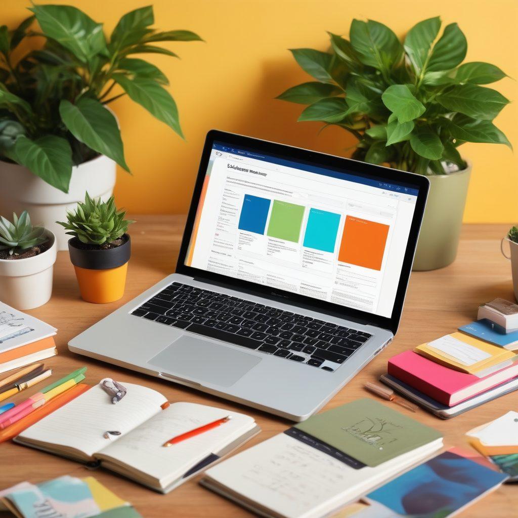 A stylized digital workspace featuring a laptop displaying a vibrant website design, books on digital branding and domain names scattered around, a notepad with creative notes, and a plant for a touch of nature. The background should subtly include various branding icons and color palettes to represent creativity and strategy. super-realistic. vibrant colors. modern design.